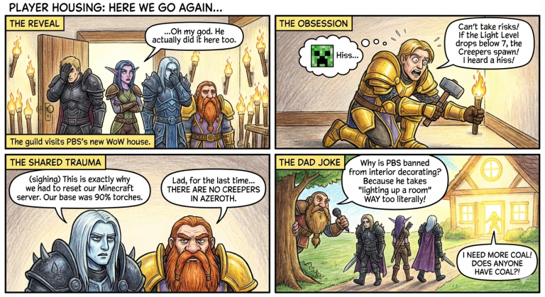 Comic strip: the guild discovers Pbs's Minecraft player housing is a torch-covered fortress against creepers.